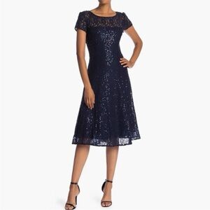 SL Fashions Sequin Lace Midi Dress Navy Blue Fit & Flare Wedding Event Size 18